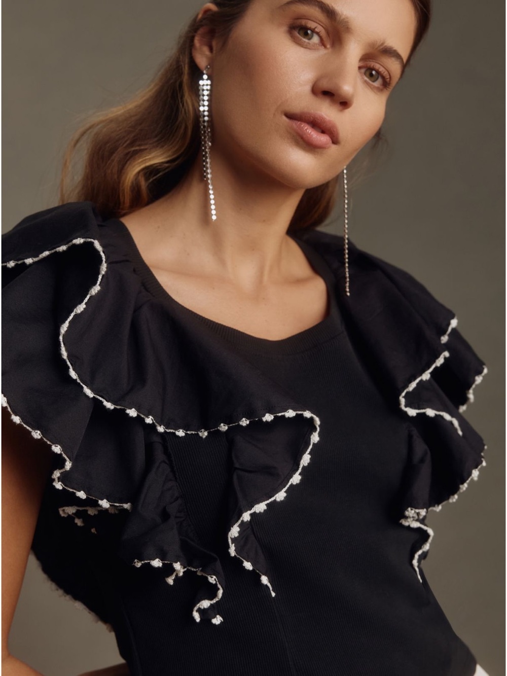 Black Ruffle Trim Women's Top